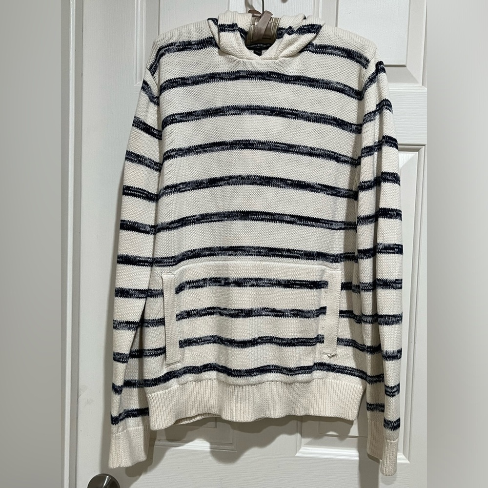 BANANA REPUBLIC Striped Hooded COTTON Knit Sweater in Cream and Navy SIZE L